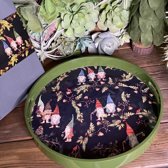 Pottery Barn Black and Green Whimsical Forest Gnome Handcrafted Serving Tray - Picture 6 of 16